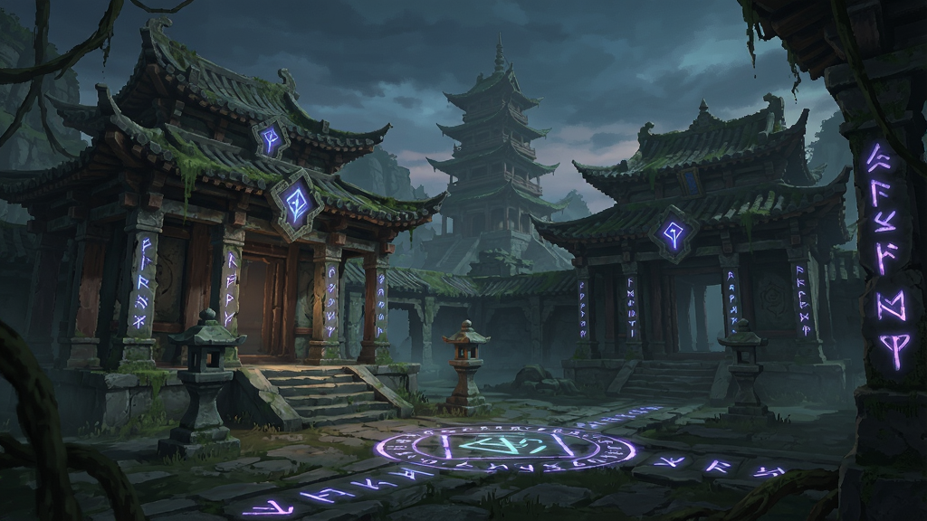 神秘古域游戏场景,古风建筑与神秘符文