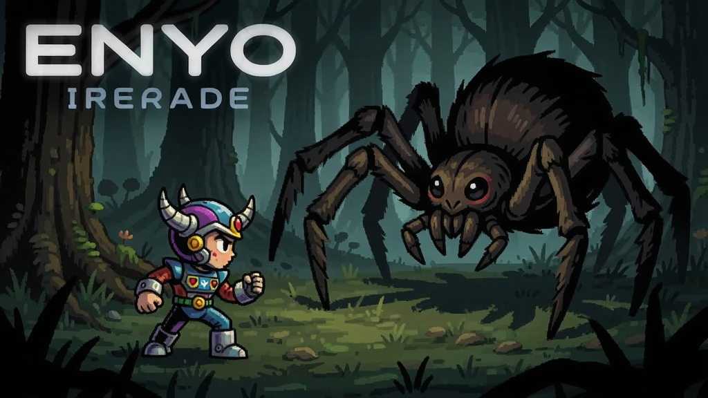 ENYO Arcade游戏主角在阴暗森林中对抗巨型蜘蛛BOSS的插画