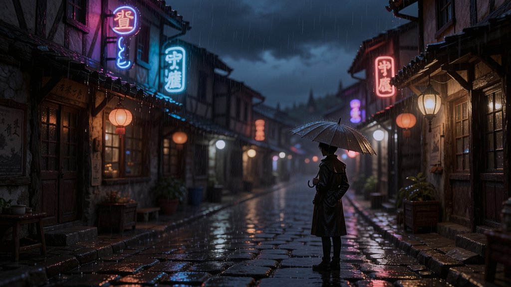雨夜中的古老小镇,霓虹灯光与雨滴交织,角色撑伞站在石板路上,氛围神秘而温馨