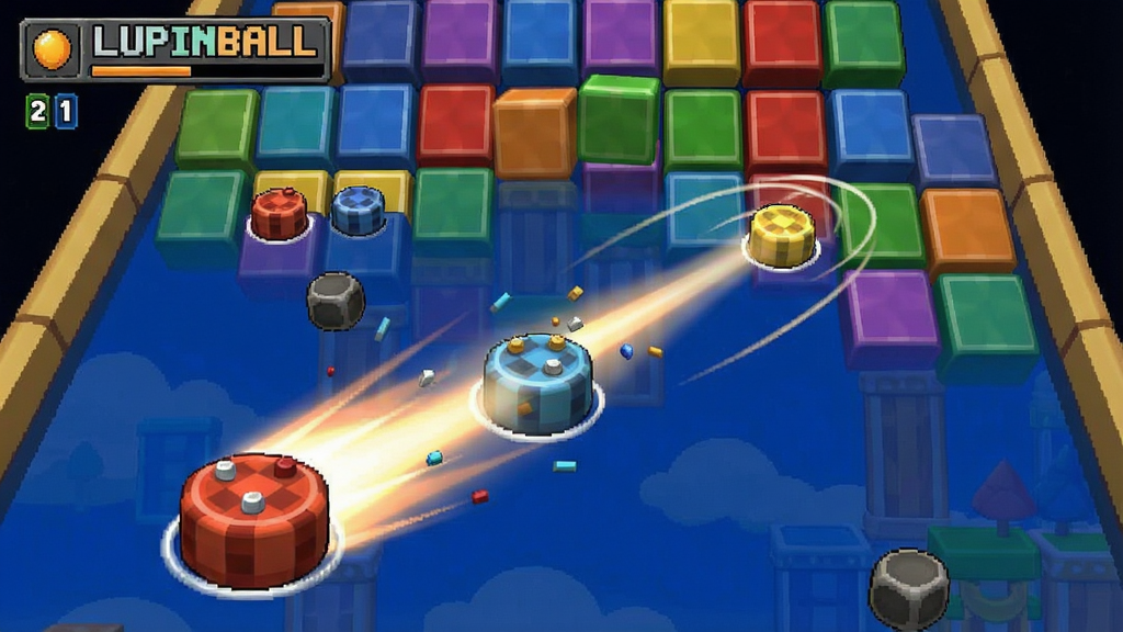 Lupinball游戏截图,多彩方块和弹球动态效果