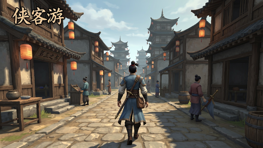 侠客游之第三之书游戏场景,角色在古风城镇中行走