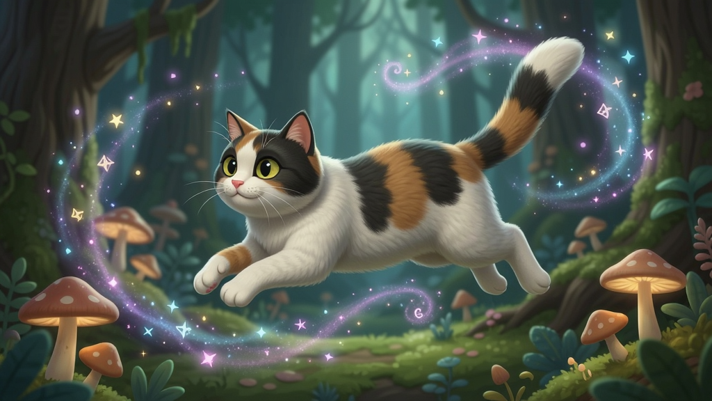 玛吉猫在森林中跳跃,背景有魔法光效