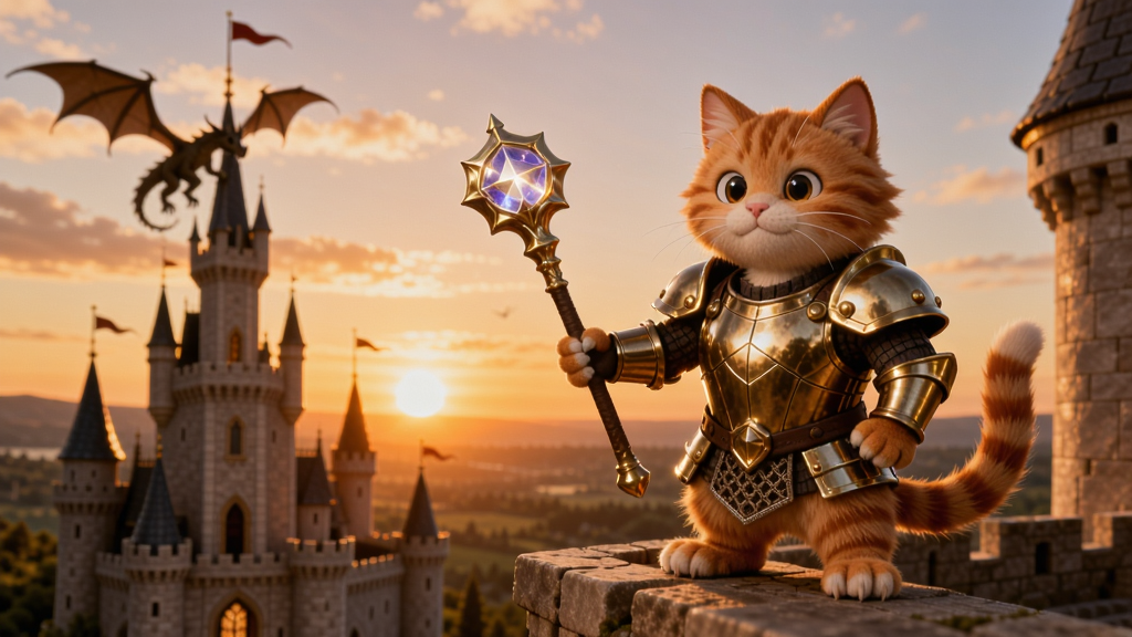 一只橙色猫咪穿着金色铠甲站在城堡顶上,夕阳余晖下,手持魔法杖,远处有飞龙剪影,画面唯美