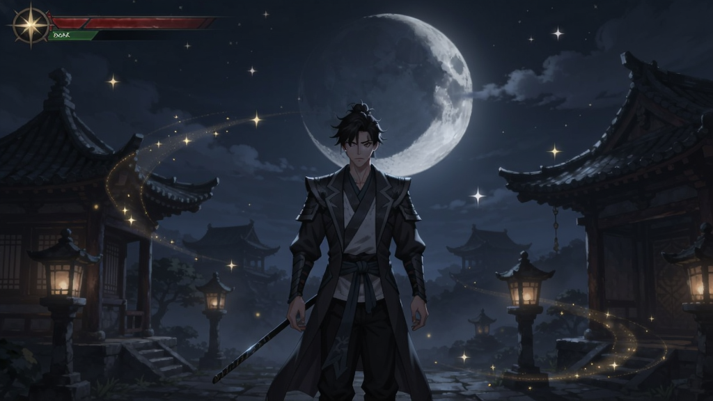 星化残月游戏中的主角站在月光下的场景,周围饰以古风建筑和流光飞,气氛幽黑且神秘