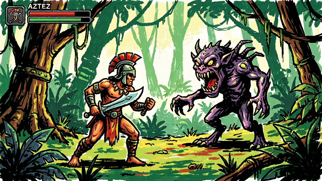 Aztez游戏场景,战士在原始丛林中与怪物战斗,手绘风格,高对比度色彩