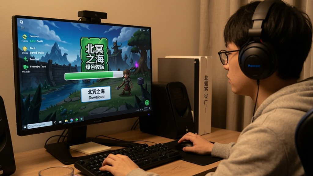 一位玩家坐在电脑前点击下载按钮,屏幕上显示北冥之海绿色版安装包的下载进度条