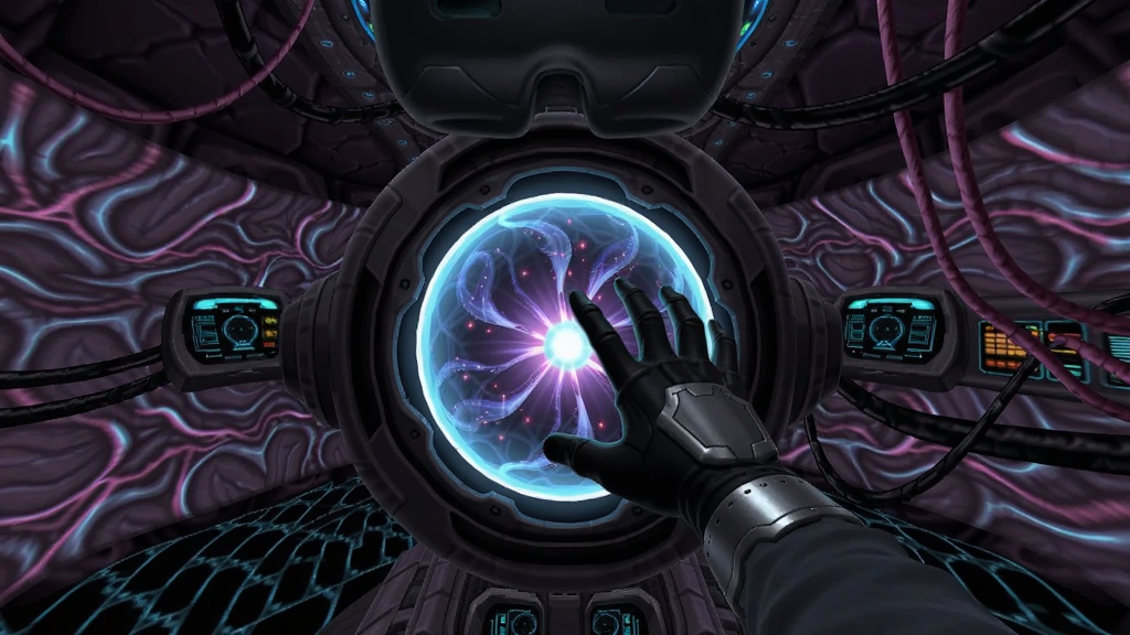 玩家在VR中伸手触碰外星飞船内部发光球体的科幻场景,第一人称视角,周围环绕异星科技纹理