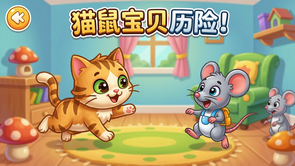 猫鼠宝贝历险记游戏场景,可爱的猫咪和老鼠在卡通风格的房间里追逐打闹