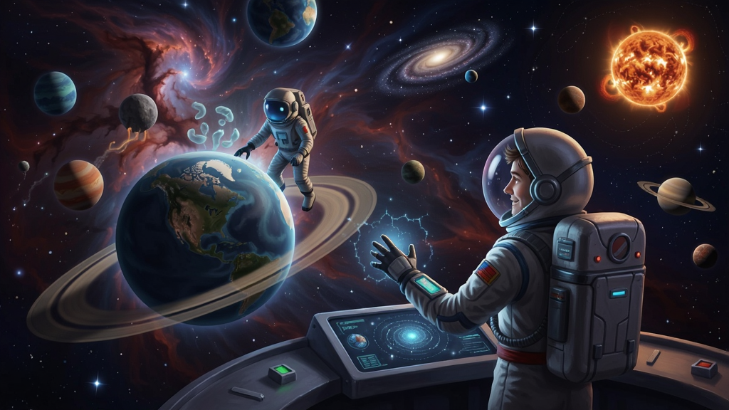 玩家在宇宙中创造星球和星系的梦幻场景,背景有星云和恒星
