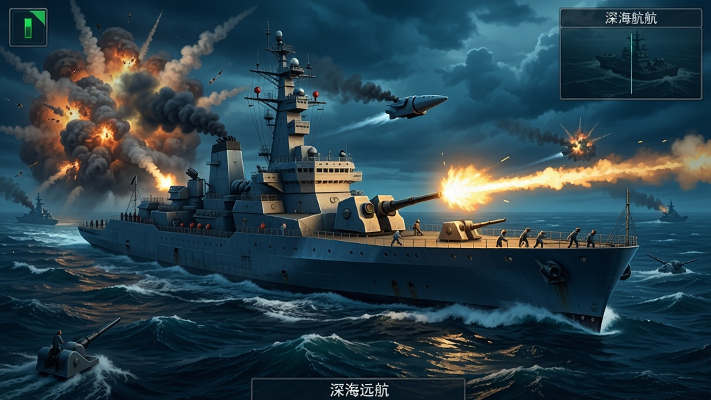 深海远航游戏画面,一艘巨型战艇在海上航行,炮火齐射的壮观场景