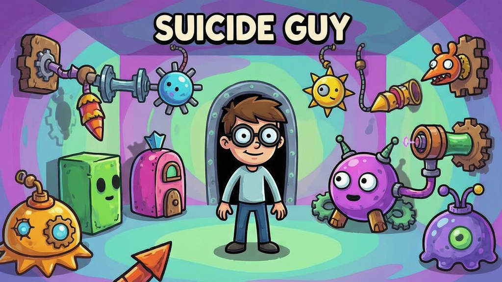 Suicide Guy游戏中的主角站在一个充满机关的梦境房间里,周围有各种奇怪的道具,画面卡通风格