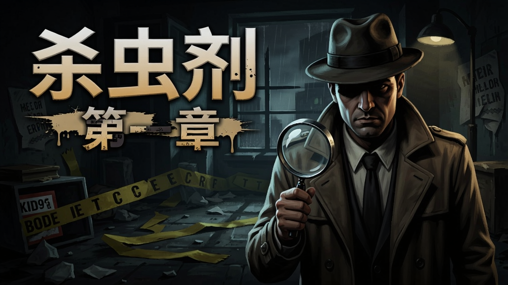 杀虫剂第一章游戏封面,主角侦探手持放大镜站在犯罪现场,黑暗风格