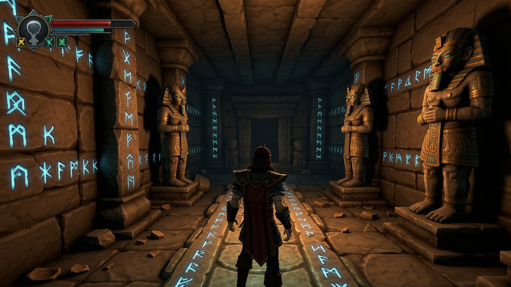 游戏场景中主角在古墓中探索,周围有发光的符文和神秘雕像