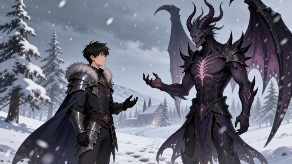 G线上的魔王游戏场景,男主与魔王在雪中对话的唯美插画风格
