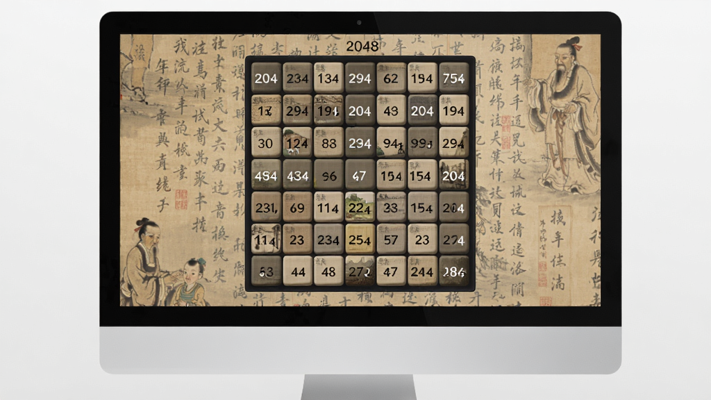 一个简洁明亮的电脑屏幕上显示历史2048游戏界面,数字方块上标注着历史事件名称,背景有淡淡的古代画卷纹理