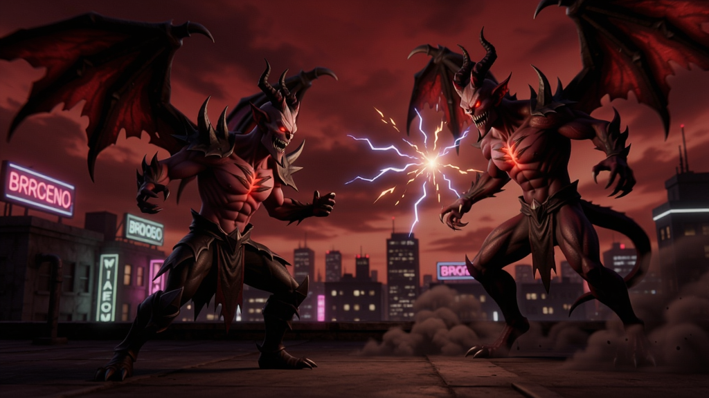 首都恶魔游戏角色在城市楼顶与恶魔对决的震撼场景,暗红色天空,霓虹灯光,特效华丽
