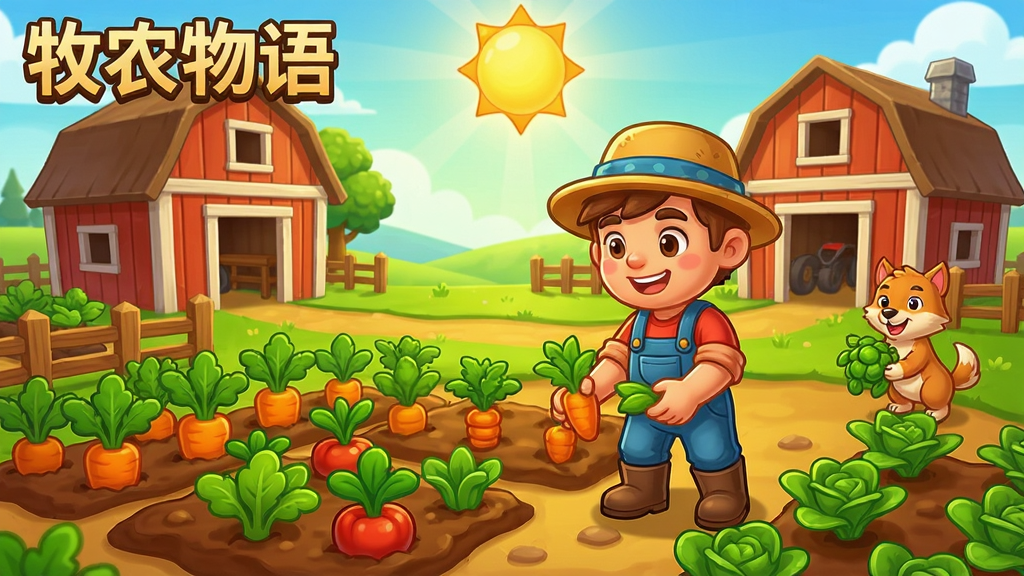 牧农物语游戏场景,主角在农场种植蔬菜,阳光明媚,卡通风格