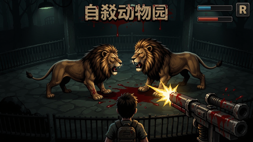 自杀动物园游戏场景,玩家在黑暗动物园中与变异狮子战斗,俯视角射击,血腥效果