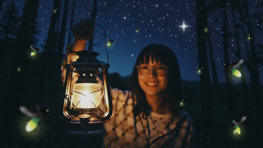 玩家在夜晚的森林中手持灯笼,周围萤火虫飞舞,星光点点