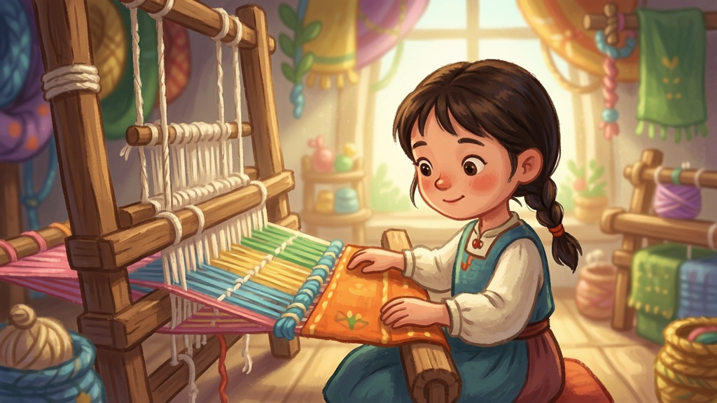 织布脸的女孩游戏画面,小女孩在五彩斑斓的织布世界中编织布料,柔和的光线和手绘风格
