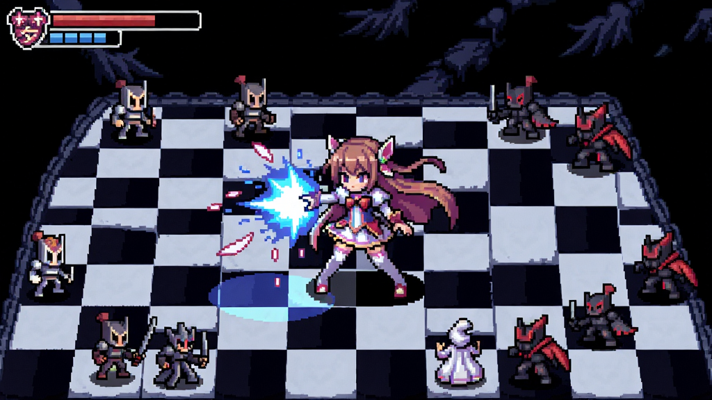 幻想少女大战梦游戏战斗场景,像素风格,少女角色释放技能,棋盘地图,敌方单位包围