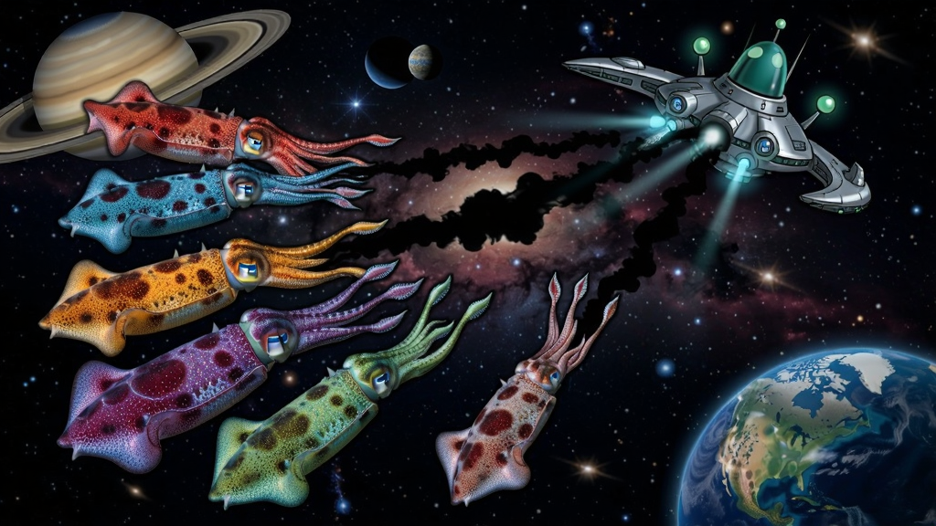 一群彩色乌贼在太空中发射墨汁攻击外星飞船