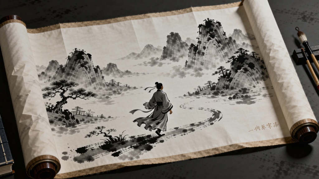 水墨风格山水画场景,主角在书卷中行走