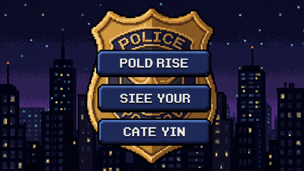 游戏主菜单界面,背景是警徽与城市夜景,有英文选项按钮,像素风格