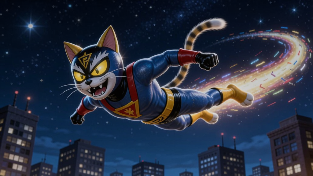 疯狂猫侠在星光璀璨的夜空中飞跃高楼,身后拖曳着绚丽光尾的奇幻场景