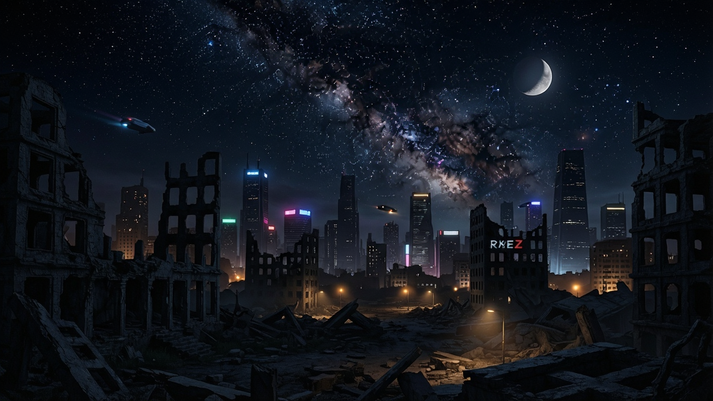 NightZ 夜之Z内的暗夜城市全景,星空下的废墟与灯光点点