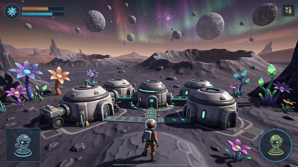 异星探险游戏场景截图,玩家在星球表面建造基地,远处有陨石坑和彩色植物