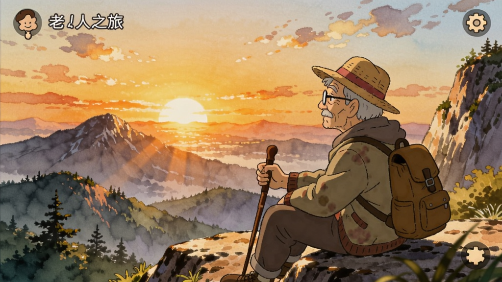 老人之旅游戏画面,一位老人坐在山顶眚望远方,夕阳余晖,手绘水彩风格