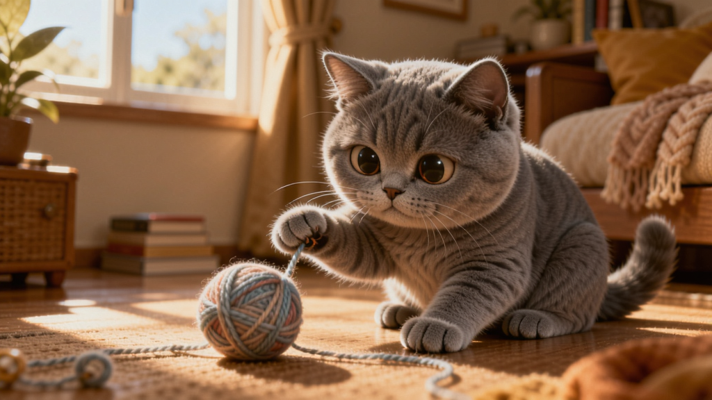 一只可爱的英短蓝猫在温馨的房间里玩毛线球,阳光透过窗户洒在地板上,画面温暖治愈