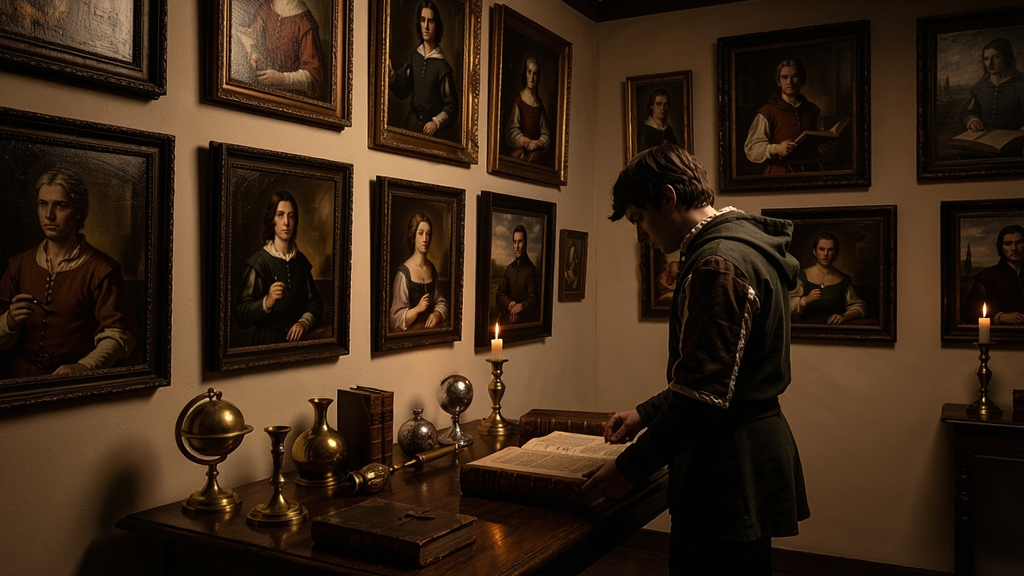 一个中世纪风格的房间,墙壁上挂满绘画,主角站在桌子前正在查看一本古老的书籍,桌上摆放着各种物品,光线昏暗,营造出神秘的氛围