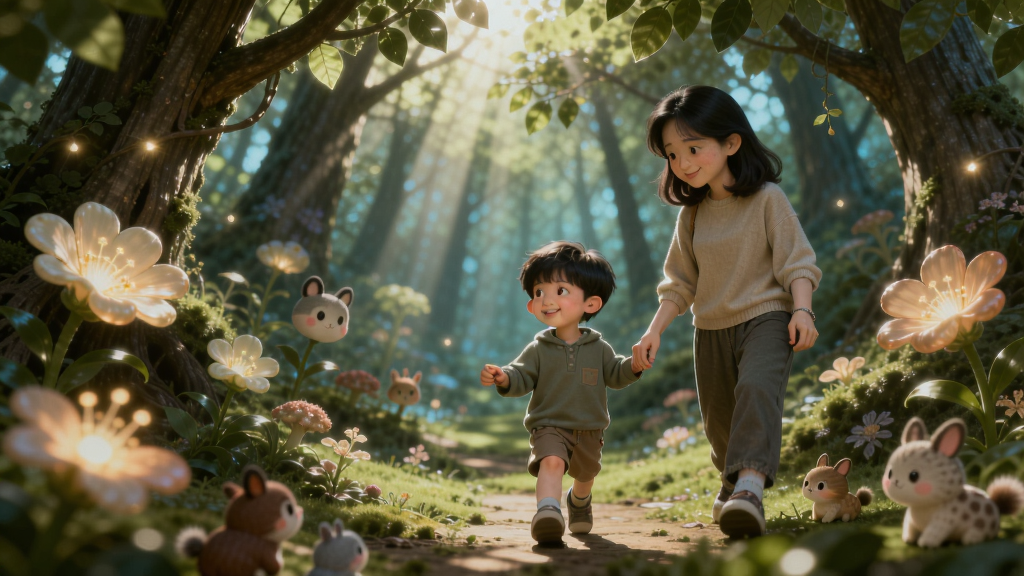 小男孩和母亲在奇幻森林中漫步,阳光透过树叶洒下,周围有发光的花朵和可爱的小动物,画面温馨治愈