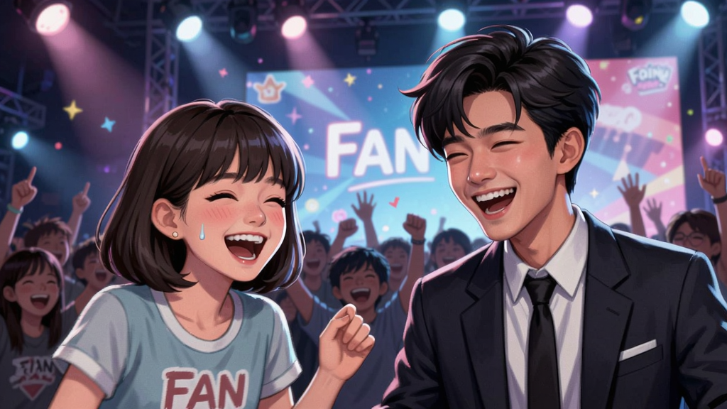 The Fan 游戏角色互动的生动场景,粉丝与偶像在舞台上欢笑