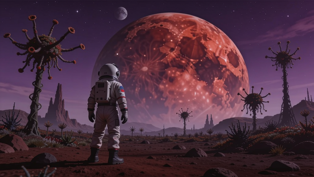 宇航员站在外星荒原上,远处有巨大红色星球和奇异植物,天空呈现紫色,充满科幻感