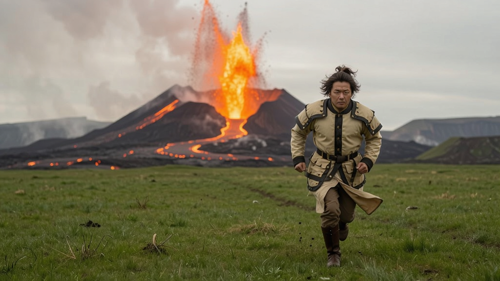 孛龙在面前的绿茵草地上奔跑,远处有熔岩浆爆发的火山