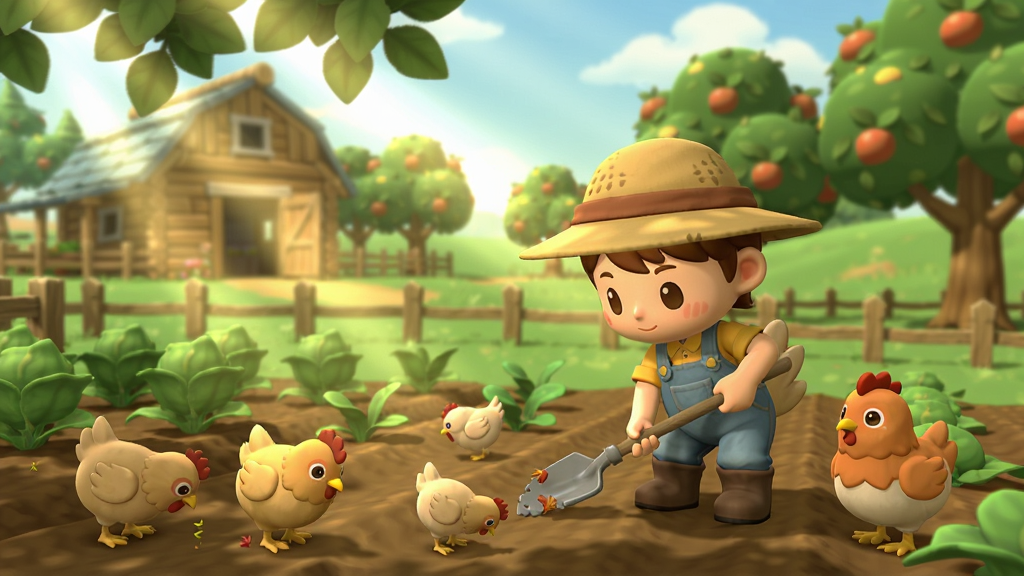Kynseed游戏角色在农场中劳作的温馨场景,阳光透过树叶洒在田地上,小鸡在周围啄食,远处有木屋和果树