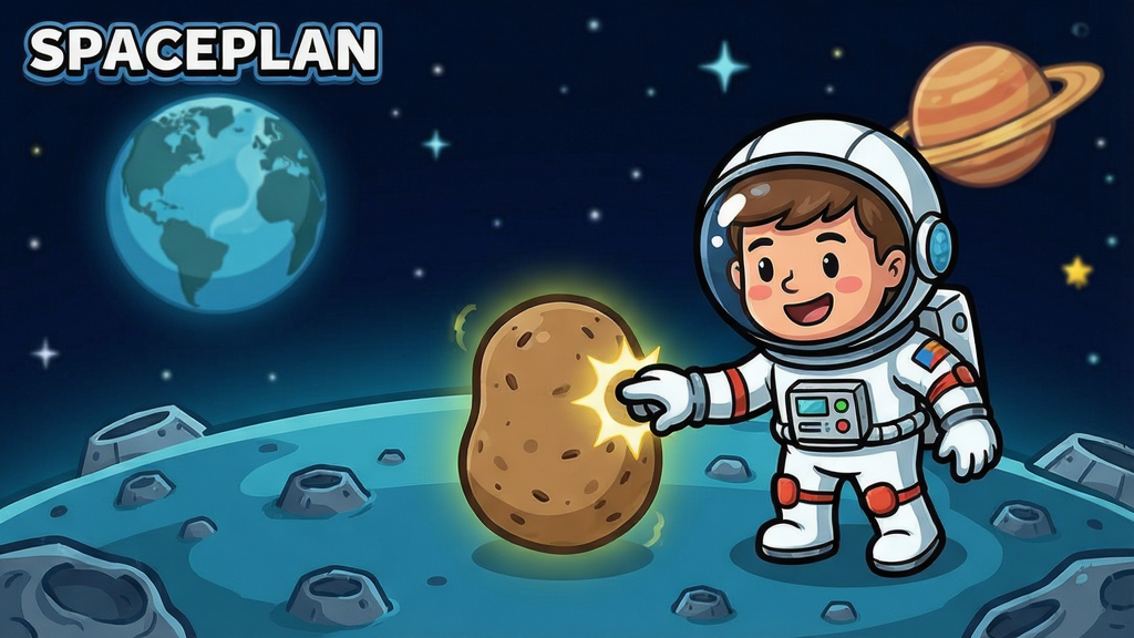 宇宙计划SPACEPLAN游戏截图,宇航员在星球上点击土豆,卡通风格