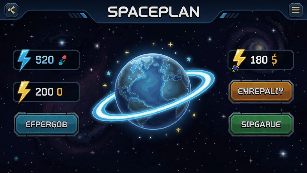 空间规划SPACEPLAN游戏主界面,星空背景,中央有可点击的星球,周围显示能量数值和升级按钮