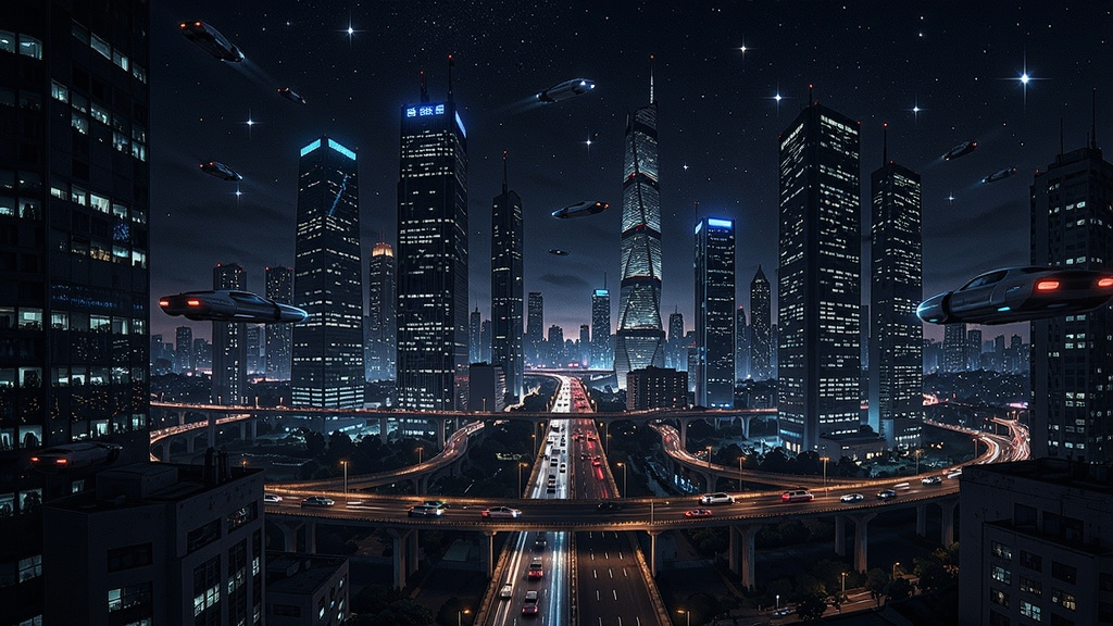 一座灯火辉煌的未来都市夜景,摩天大楼林立,车流如织,夜空中有闪烁的星光