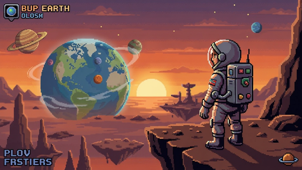 逃离地球游戏中的宇航员在黄昏时分站在悬崖边眺望远方的星球景观