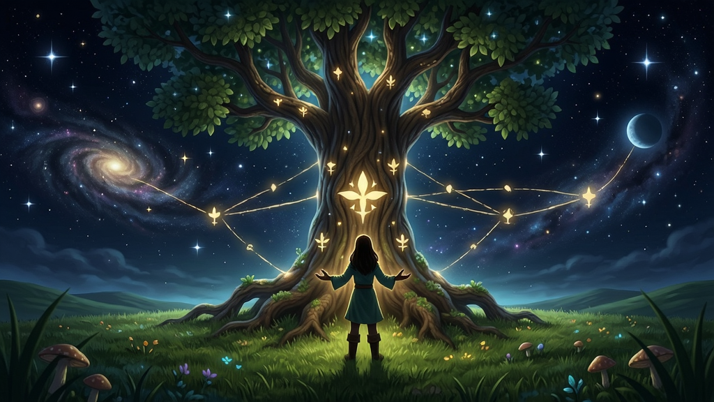 万物游戏中玩家化身成为一棵大树,周围是星空和草地,展现万物相连的哲学意境