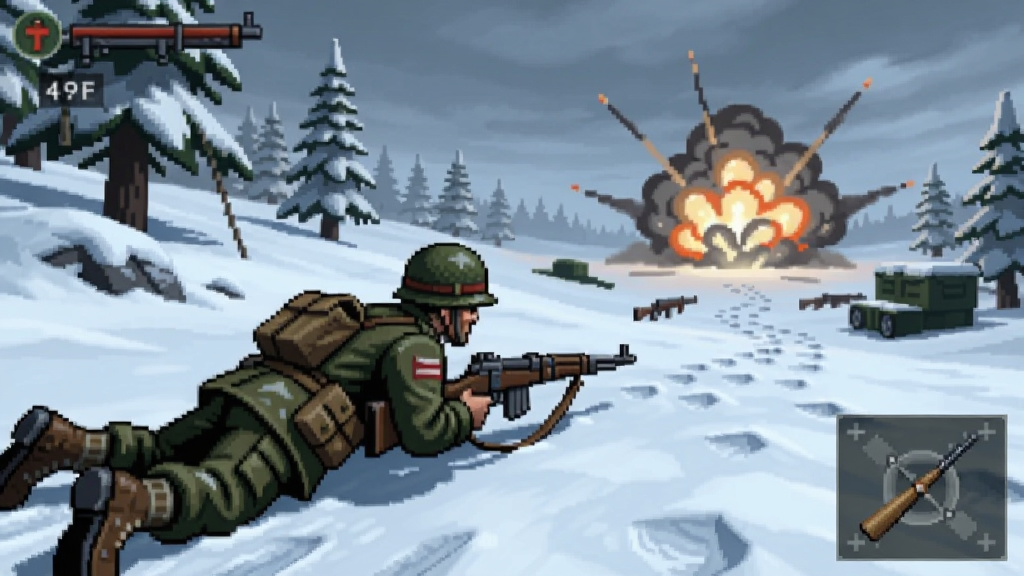 小兵带步枪游戏场景,士兵在雪地中匍匐前进,远处有爆炸烟雾