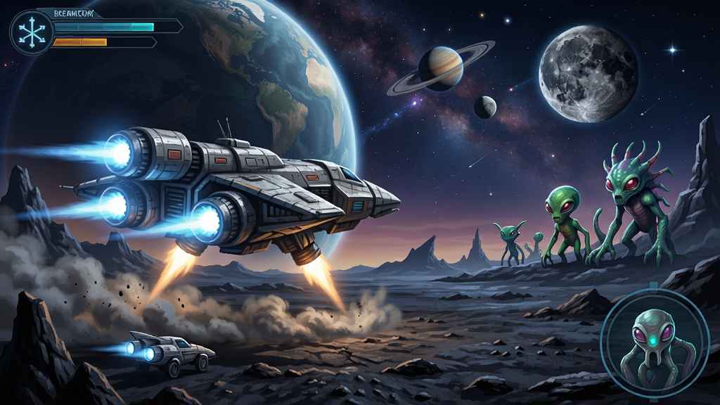 异星迷航游戏场景,宇宙飞船在星球表面降落,外星生物在远处观望
