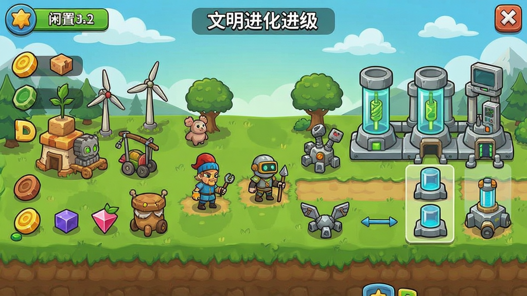 闲置进化游戏界面展示,卡通风格文明进化场景,资源收集与科技升级画面