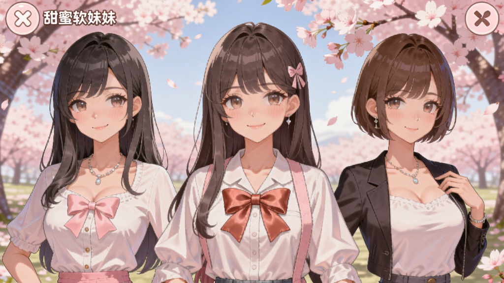甜蜜软妹子游戏主界面展示,三位女主角站立在樱花树下,背景温馨,二次元风格,色彩柔和
