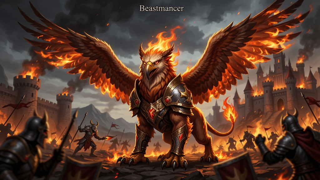 兽王Beastmancer游戏截图,一只火焰狮鹫站在战场中央,背景是燃烧的城堡,画风精美,充满奇幻色彩