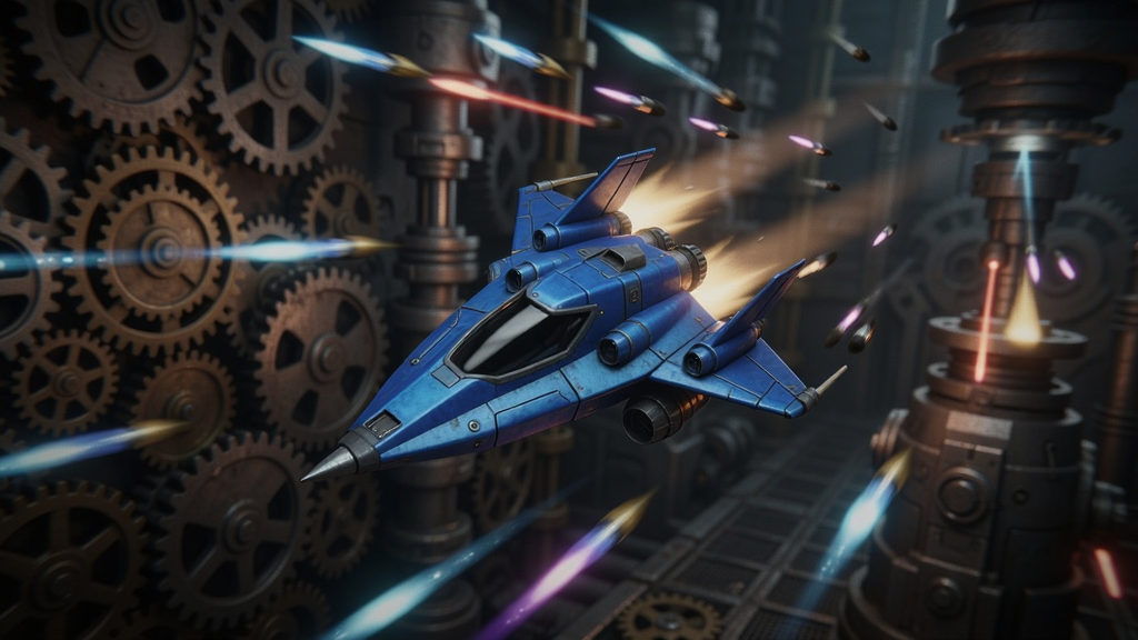 一艘蓝色小飞船在布满齿轮和激光的机械工厂中灵活躲避弹幕,画面充满未来科技感与动感光效